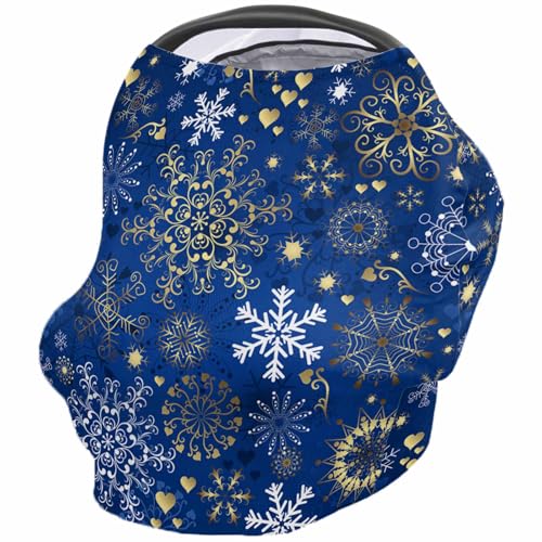 Nursing Cover for Breastfeeding Scarf, Blue White Gold Snowflake Xmas Baby Car Covers Super Soft Multi Use for Canopy Shopping Cart Cover Blanket Stroller Cover