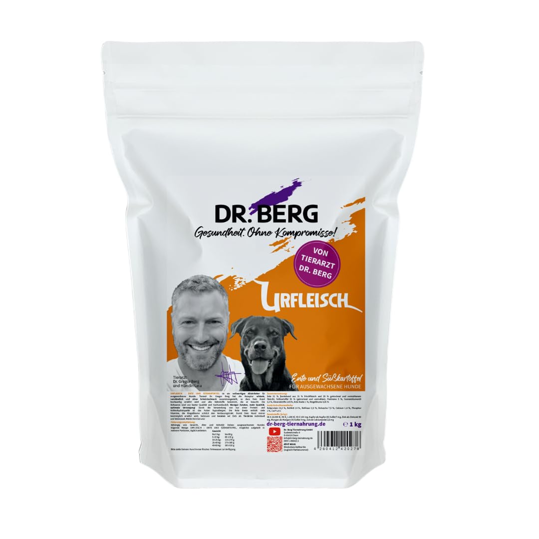 Dr. Berg URFLEISCH Ente & Süßkartoffel Trockenfutter für Hunde | 1 kg | Hypoallergenes Hundefutter - Monoprotein - Trockenfutter mit viel Frischfleisch - verträgliche und schlanke Rezeptur