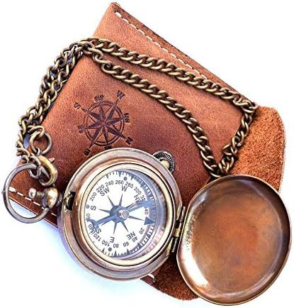 Nautical Replica Hub Handmade Brass Push Open Compass On Chain with Leather Case