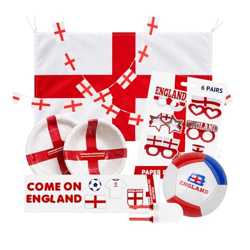 England World Cup 2026 Decorations - England Football Party 10 piece Set - Paper Bowls Plates Party Glasses Gel Window Stickers Flag Bunting Ball & Face Paint. St Georges Day Decorations.
