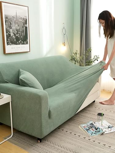 Housse de canapé extensible 4 places vert gazon pour masquer l'usure des grands canapés 300cm - 4