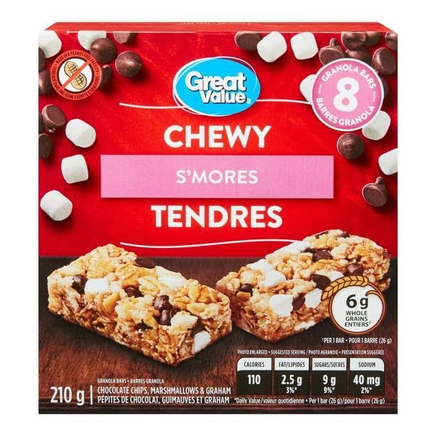 Great Value Chewy S'mores Granola Bars, 8 Bars, 210g/7.35