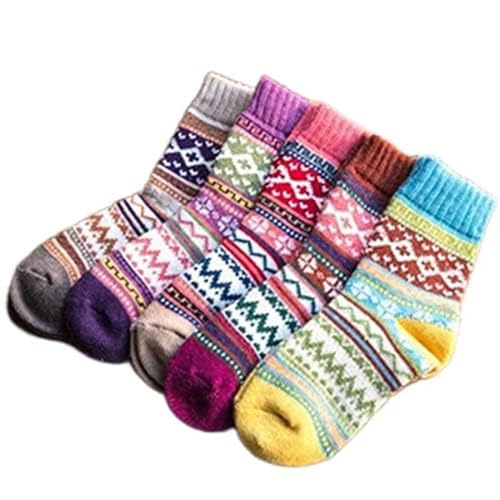 Image of HongLianMeng 5 Pairs Women Winter Warm Thick Soft Cute Vintage Wool Knit Cozy Crew Socks for Women Gifts Christmas Gifts
