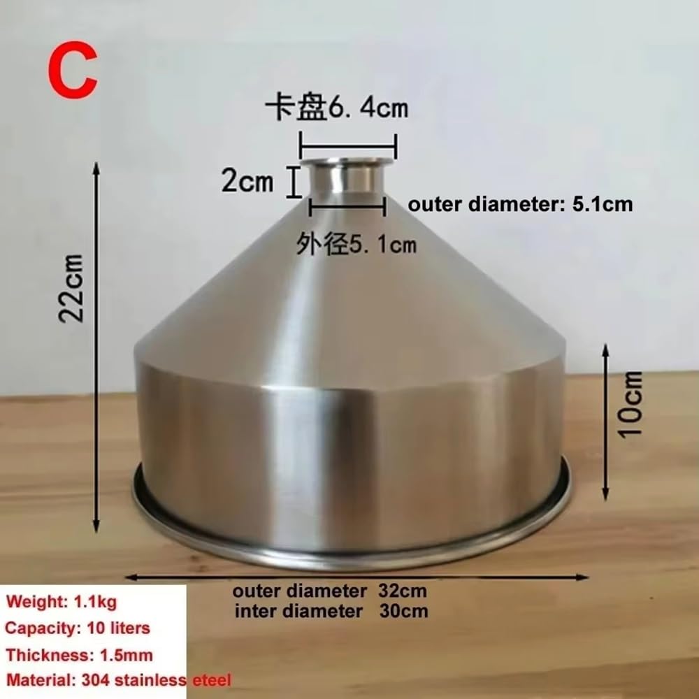 Embudo Cervecero Sanitario INOX 304, 10L 30cm ID Grueso para Dosificación Polvo de Grano, Uso Alimentario (1 Pieza)(C)