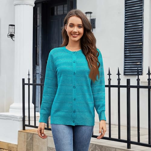 Image of Women's Long Sleeve Cardigan Knit Open Front Sweater | Lightweight Crew Neck Button Down