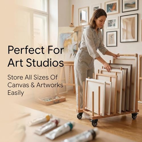 Image of Art Storage Rack with Brake Caster Wheels,Art Drying Rack Wooden Storage Rack for Canvas Frames,Drawing Board Prints,Paper Pads,Perfect for Studios,Galleries, Museums, Art Venues (Large)