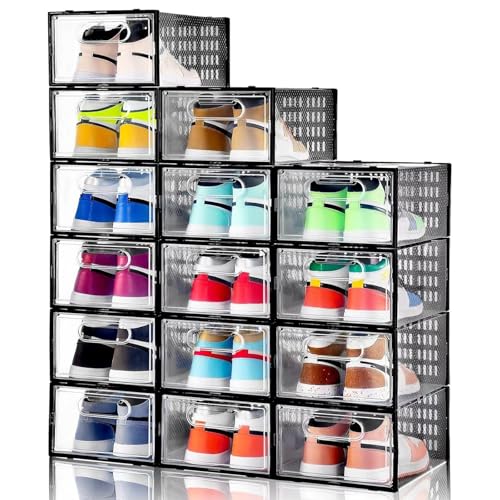 Clemate 15 Pack Shoe Storage Boxes, Clear Plastic Stackable Shoe Organizer for Closet, Shoe Box with...