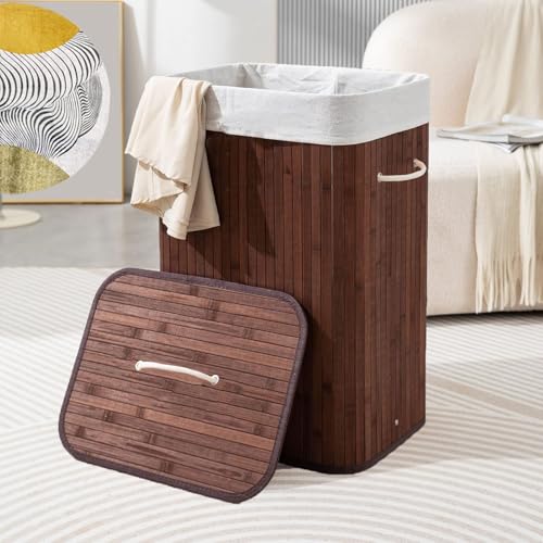 Image of LUXE HOME INTERNATIONAL Stripe Bamboo Laundry Basket with Lid | Eco-Friendly, Foldable & Lightweight Organizer (Brown, 40x30x60 cm, Pack of 1)