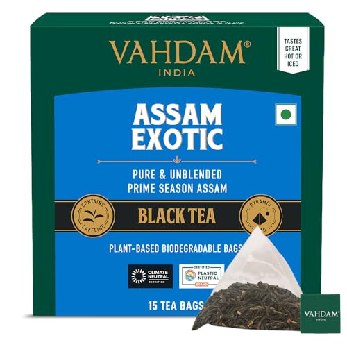 VAHDAM, Assam Exotic Black Tea Bags (15 Count) High Caffeine, Gluten Free, Full Bodied | Individually Wrapped Pyramid Tea Bags | Strong, Robust &amp; Flavoury | Direct from Source