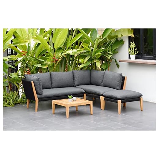 Amazonia Kentucky 5 Piece Patio Sectional Set | Teak Finish and Weather Resistant Black Cushions| Durable and Ideal Outdoors