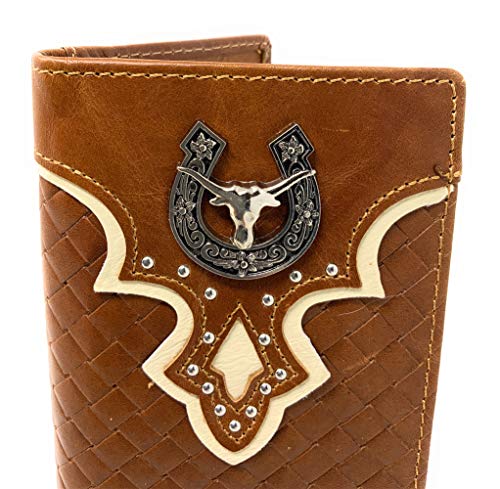 Western Genuine Leather Basketweave Longhorn Metal Concho Mens Long Bifold Wallet in 2 Color (Brown)2