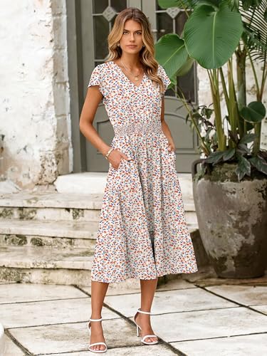 Image of BerryGo Women's Floral Boho Ruffle Summer Midi Dress Short Sleeve V Neck Empire Waist Swing Flowy Dress