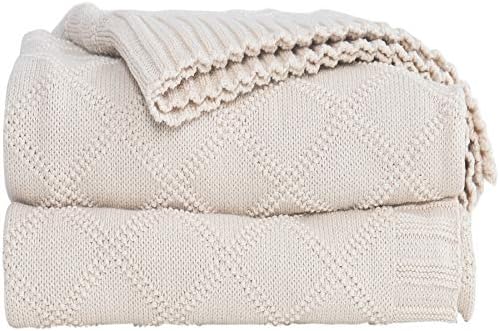 Knitted Throw Blanket 100% Cotton Home Bed Blanket,51x70 Inch Soft Cozy Lightweight Cable Knit Blanket Suitable for Sofa Couch Bed Chair Car Office Travel (Beige, Diamond Pattern)