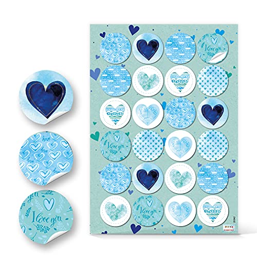 Logbuch-Verlag 24 adesivi rotondi 4 cm cuore cuori turchese azzurro bianco blu eleganti romantici fai da te diy bricolage decorazione decorare confezioni regalo libro accessori sticker alta qualità