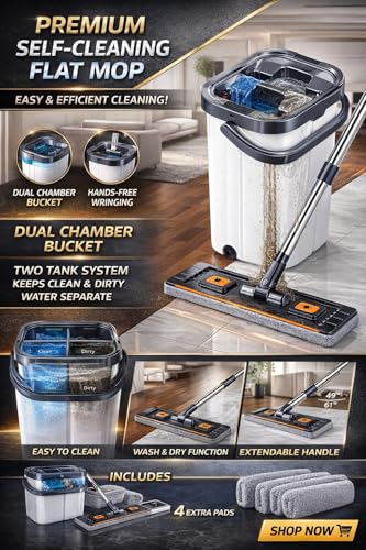 Image of MechHeaven's Flat Mop and Bucket Set with Ultra-Fine Fiber, Magic Metal Handle, Self-Wringing System, Dust-Proof Design for Floor Cleaning, Reusable