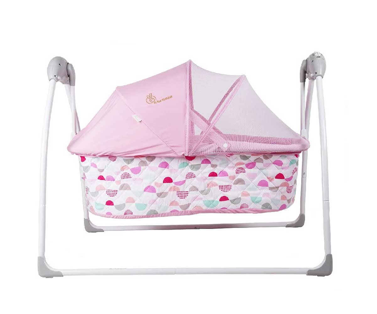 R for Rabbit Baby Cradle Automatic Swing with 5 Point Safety Harness, Remote Control, Mosquito Net, Soothing Musical, Extra Cushion, Kids Bassinet for Baby Age 0-2 Year (Pink)