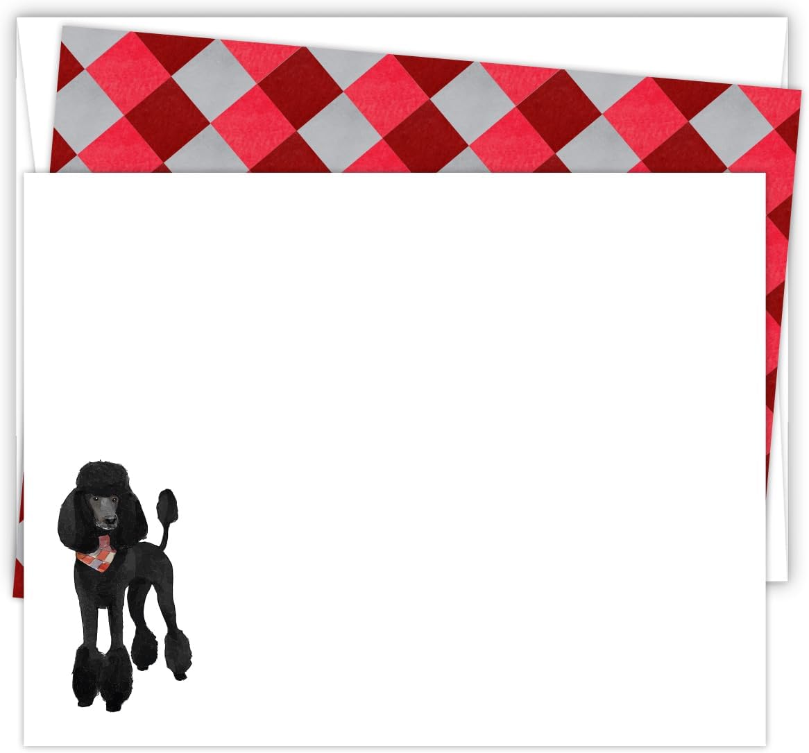 Koko Paper Co Poodle Blank Notecards | 25 Flat Cards + 25 White Envelopes (50 Count) | Made in the USA | A2 Size | Heavy Card Stock | Black Poodle Front | Red & Grey Argyle Back