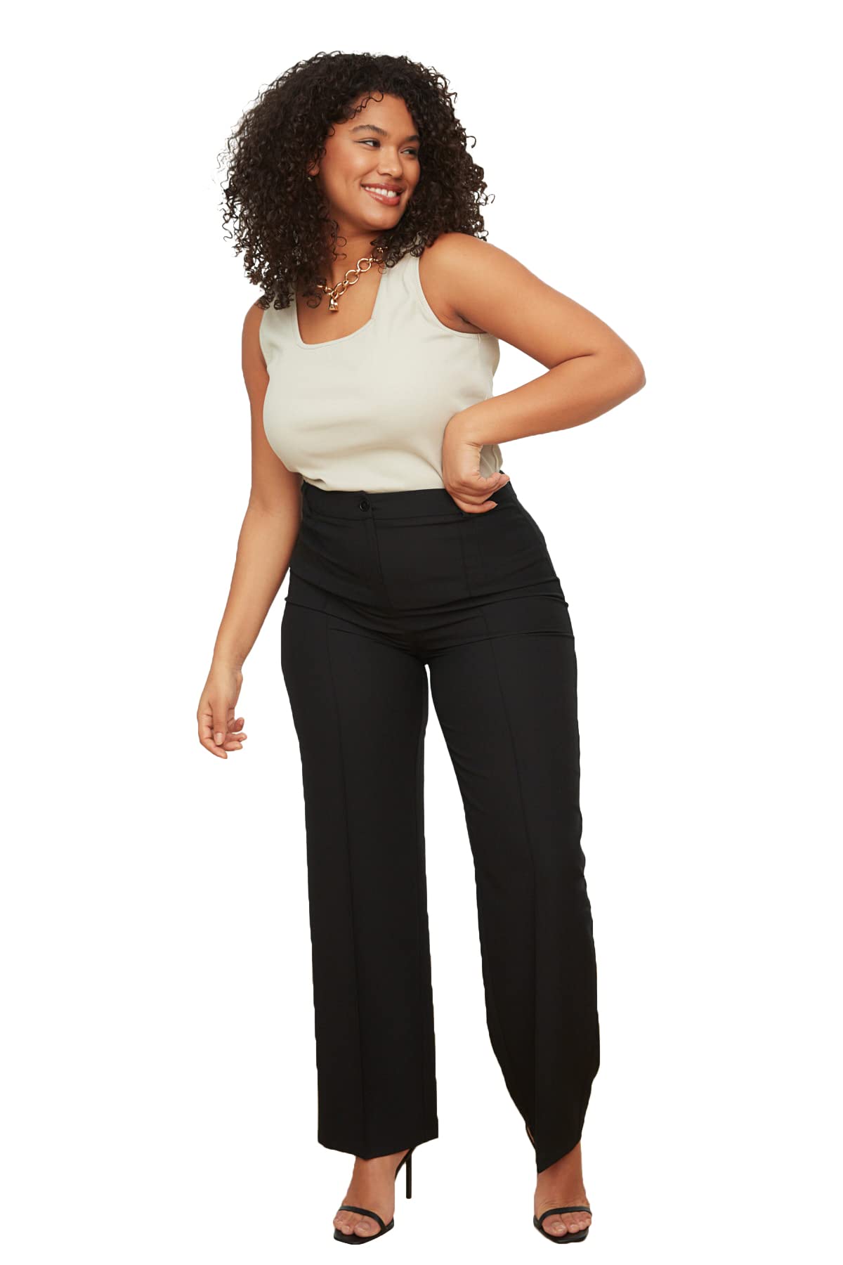 Trendyol Woman Große Größen Regular Waist Wide Leg Wide Leg Plus Size Pants Schwarz