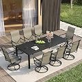 VICLLAX Patio Dining Set for 8, 9 Pieces Outdoor Furniture Dining Table Chair Set Includes Expandable Rectangle Patio Table and 8 Patio Swivel Chairs, Black Chairs with Armrests, Brown Fabric