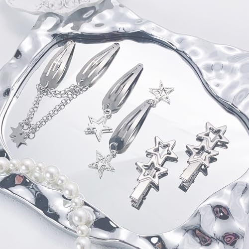 10 pinzas de cabello en plata con estrellas y pentagramas estilo Y2K, 8 diseños únicos miniatura 2