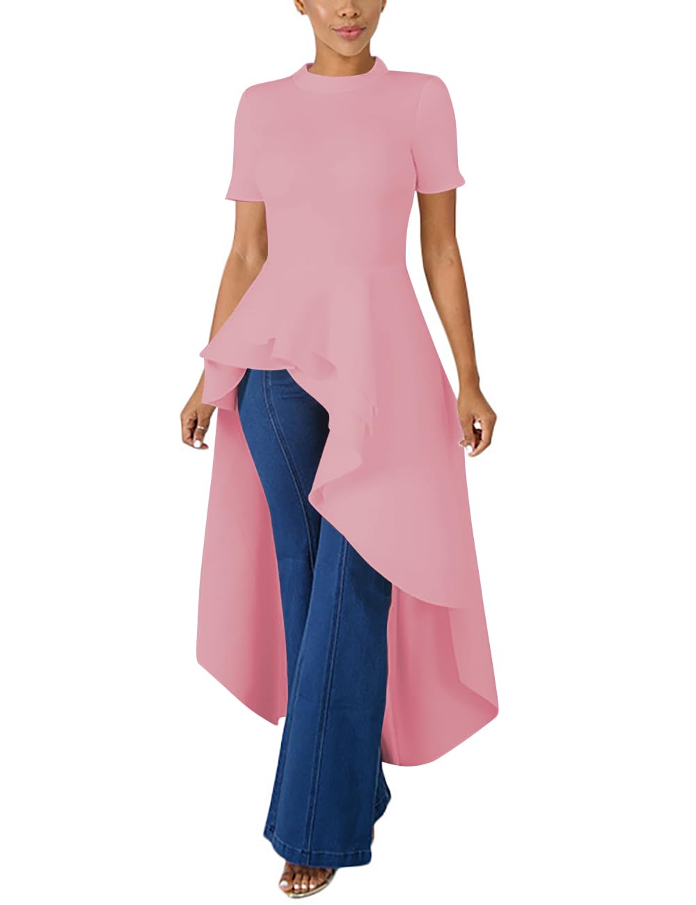 Womens Casual Shirt Dress High Low Irregular Ruffle Hem Blouse Asymmetrical Peplum Long Tunic Tops