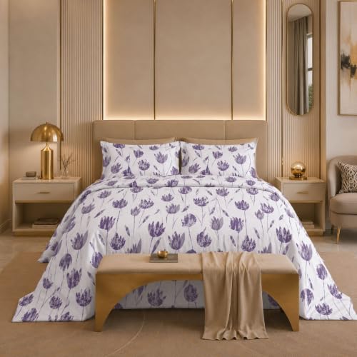 Image of Jaipur Weaves Cotton Linen Feel King Size Bedsheet 108x108 Super King, 100% Pure Cotton Bed Sheet with 2 Pillow Covers, 300 TC Soft Breathable Floral Design Bedding -(Tulips Purple,Super King)