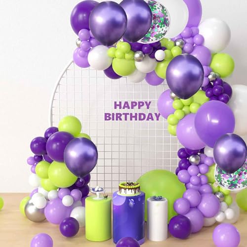 Image of We Moment 12 Inch Purple, Light Green, White Balloons with Chrome Metallic Purple Balloon and Confetti, 50pcs, for Baby Shower Boys' Birthday Party Decoration