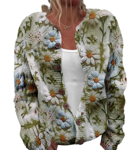 Womens Vintage Printed Knit Cardigan Sweater Button Down Fall Loose Fit Crewneck Casual Retro Floral Tops for Women