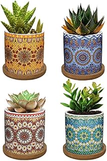 Lewondr 4 Pack Succulent Plant Pots, 2.8 Inch Ceramic Mini Flower Pots Planter with Bamboo Tray for Small plants Flowers Cactus, Home decorations Décor - Mandala, Colorful