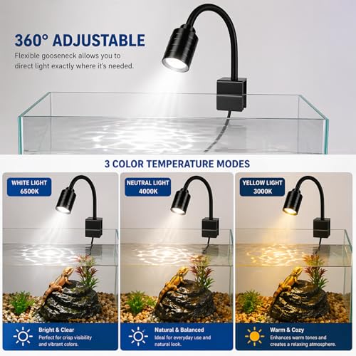 Image of VAYINATO Mini Aquarium LED Clip Spotlight (1 Pc) - Flexible Gooseneck Lamp with Controller, Adjustable Brightness, USB Powered, 3 Light Modes for Fish Tank, Terrarium, Desk & Indoor Plants