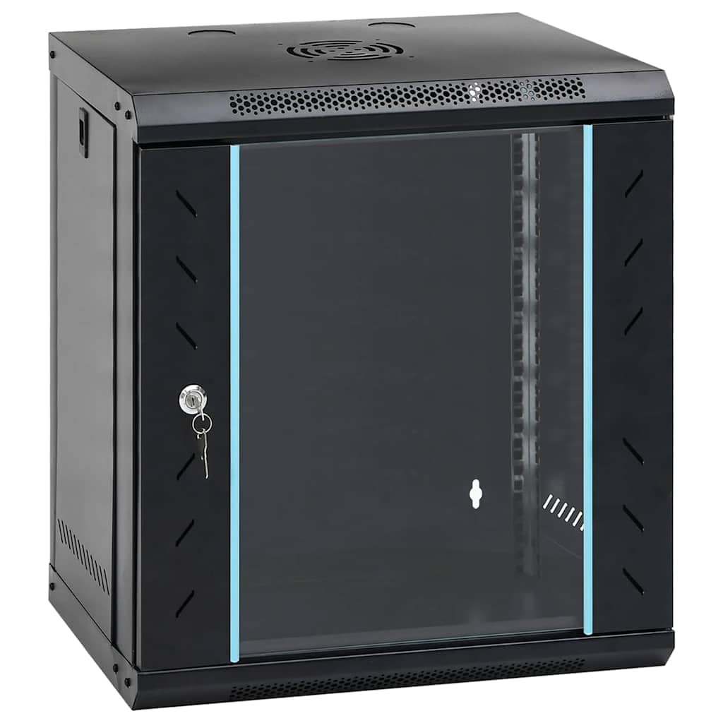 Armadio di rete da parete, 53 x 45 x 60 cm, armadio server in acciaio con porta in vetro di sicurezza, armadietto dati per ufficio e infrastrutture IT, distributore a parete chiudibile a chiave, nero