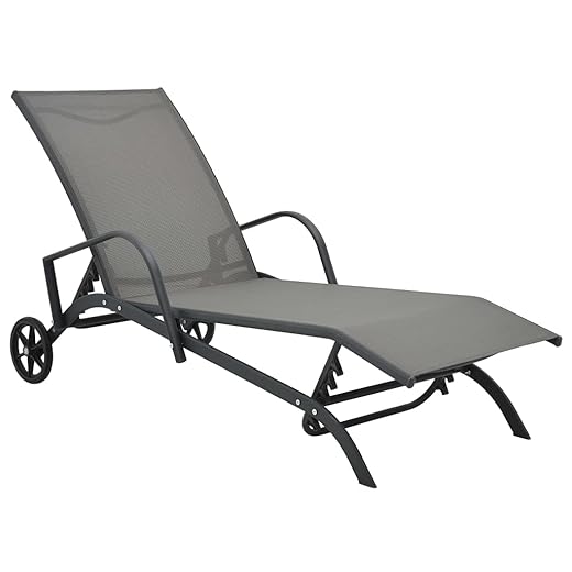 vidaXL Sun Lounger in Steel and Textilene Material, Gray, Highly Adjustable, Portable with 2 Wheels, Water-Resistant, Sturdy Outdoor Reclining Chair for Patio, Yard