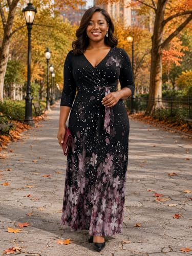 Image of PinkPatty Plus Size Maxi Dresses for Women Casual Flowy Long Dress 3 /4 Sleeve V Neck Wrap Dress with Belt