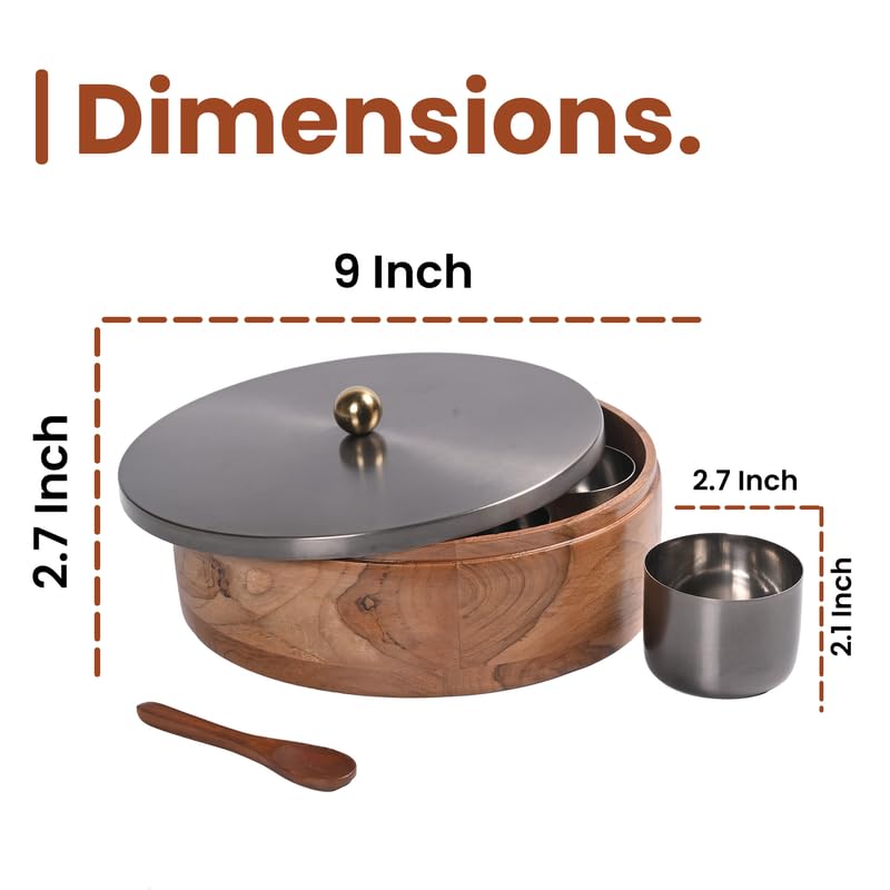 Image of Wooden Masala Box for Kitchen - 7 Stainless Steel Jars with Wooden Spoon | Stainless Steel Brass Lid with Knob | Multipurpose Dry Fruit & Spice Storage - GunMetal (Plane)