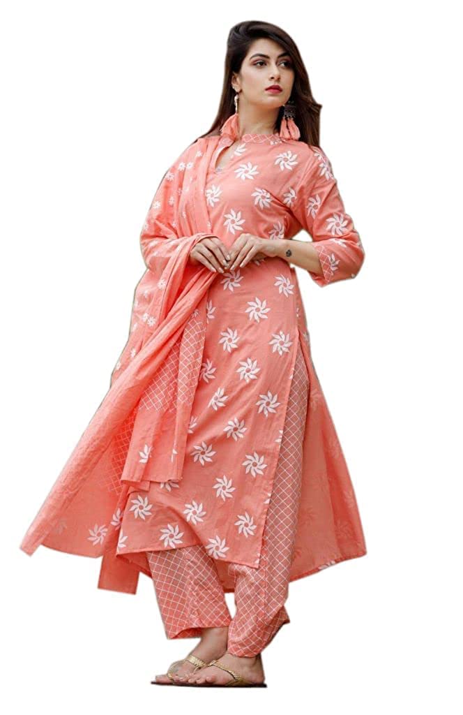 JAIPUR FASHION MODEWomen's Cotton Straight Printed Kurta with Pant & Dupatta Set (Peach)