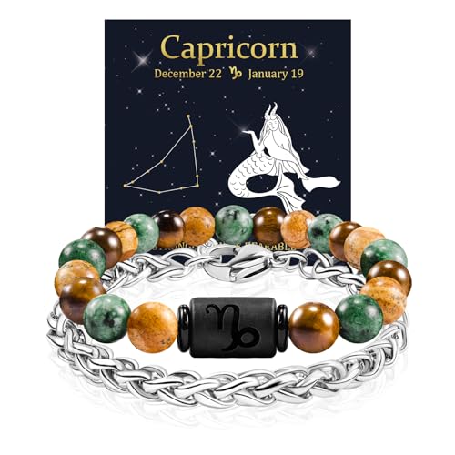 FANCIBAND Lot de 2 bracelets avec chaîne en acier inoxydable et œil de tigre naturel de 8 mm avec pierre du zodiaque noire et signe astrologique, 23cm,...