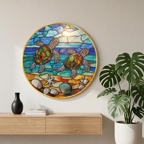 Image of SAF Sea Turtle Wall Painting with Golden PVC Frame Round Ocean Art Colorful Marine Theme Decor for Living Room Bedroom Office Home Decorative Luxury Gift Item (16 x 16 Inch) GRM-357