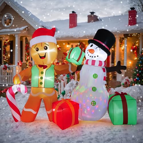 6FT Christmas Inflatables Outdoor Decorations, Giant Gingerbread Man & Snowman