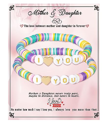 Image of First Day of School Gifts Matching Bracelets for Women Girls Mother and Daughter Beaded Bracelet Multicolor Bead Stretch Kindergarten Preschool Back to School Gifts I Love You Engraved Christmas Birthday Jewelry