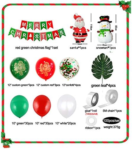 100Pcs Christmas Balloon Garland Arch Kit-Merry Christmas Banner,Santa Claus and Snowman Foil Green Red White Confetti Arch Balloons with Balloon Decorating Strip,For Xmas Holiday Party Decor
