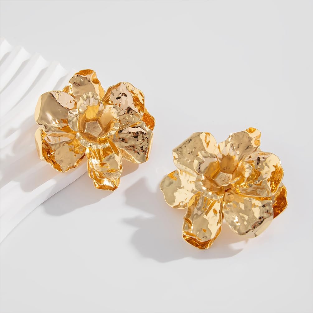 Big Gold Metal Flower Statement Earrings for Women Dainty Retro Large Irregular Geometry Floral Stud Earring Exaggerated Punk Y2k Party Prom Jewelry Gifts - Image 6