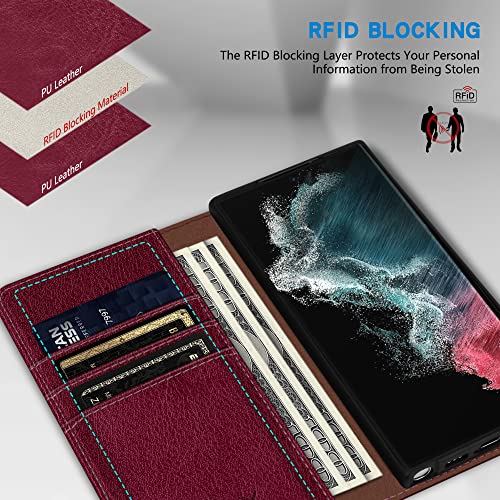 Image of ZZXX for Samsung Galaxy S22 Ultra Wallet Case with [RFID Blocking] Card Slot Stand Strong Magnetic Leather Flip Fold Protective Phone Case for Samsung Galaxy S22 Ultra Case Wallet(Wine Red-6.8 inch)