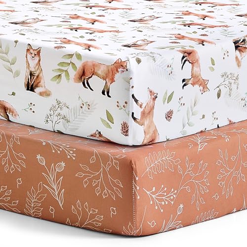 Image of Pack n Play Sheets, BROLEX 2 Pack Mini Crib Sheets,Stretchy Portable Fitted Playard Sheet Set, Convertible Playard Mattress Cover,Ultra Soft Breathable Material,Fox&Foliage