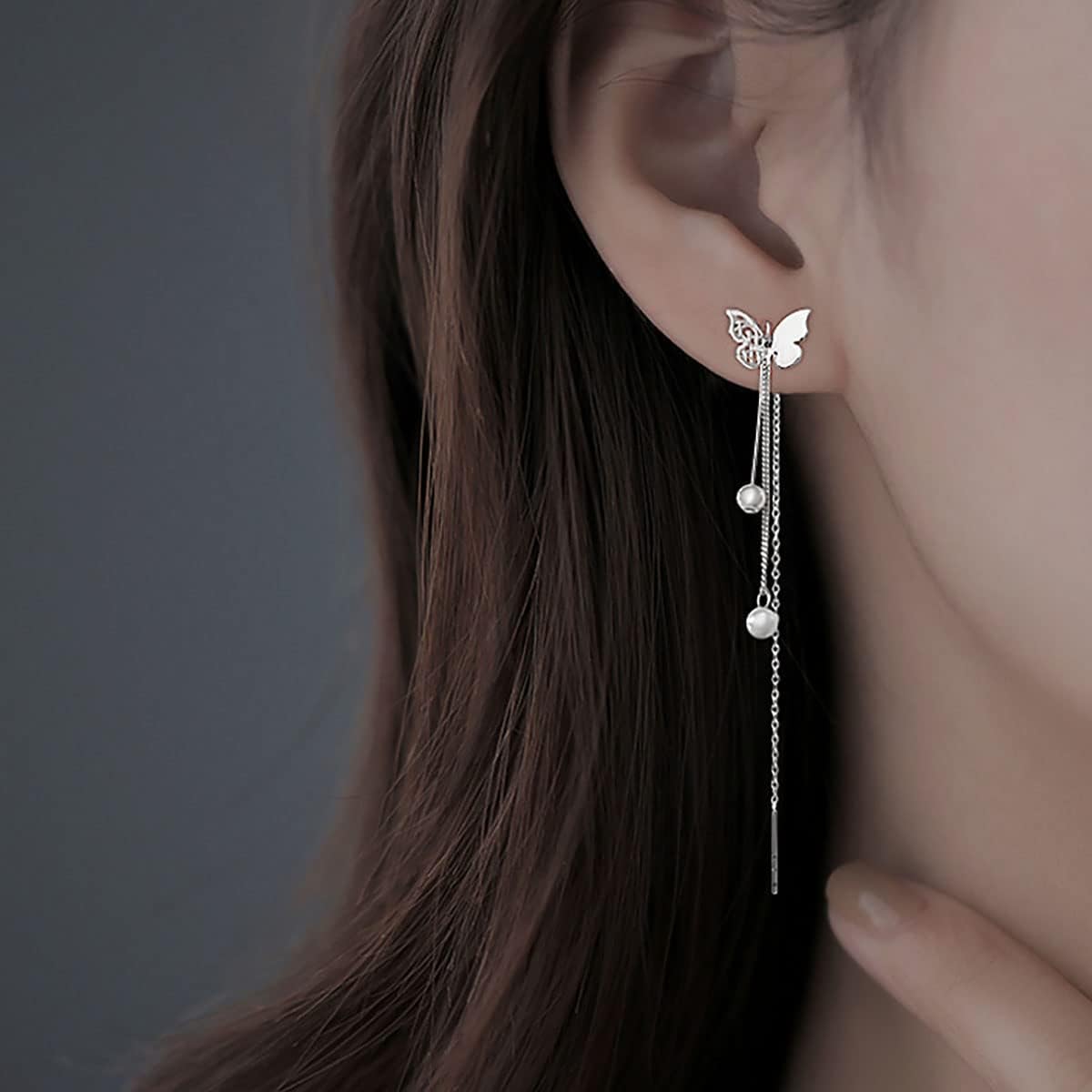 SLUYNZ Sterling Silver Butterfly Threader Earrings Dangle Chain for Women Teens Pearl Long Dangle Earrings Tassel - Image 3