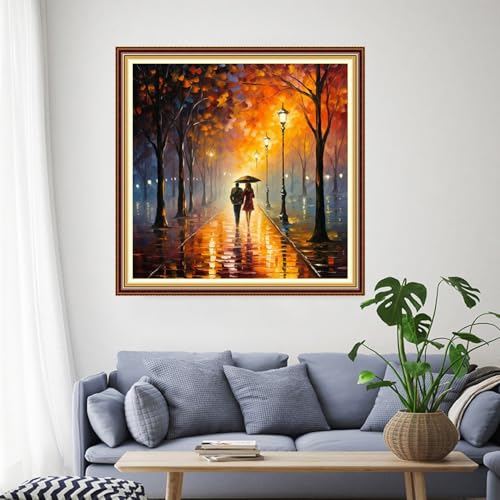Image of Funchey Stamped Cross Stitch Kits, DIY Cross Stitch Pattern for Adults Beginners Needlepoint Kits Embroidery Kit Arts and Crafts 11CT-Strolling on a Rainy Night 18x18 inch