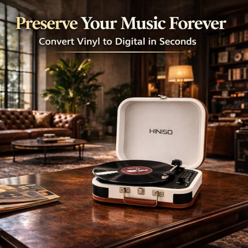 Image of HINISO T601 Bluetooth Vinyl Record Player with Magnetic Cartridge & Diamond Stylus | 3-Speed Suitcase Turntable (33 /45 /78 RPM) | USB & SD Recording | Bluetooth Input & Output | Built-in Speakers