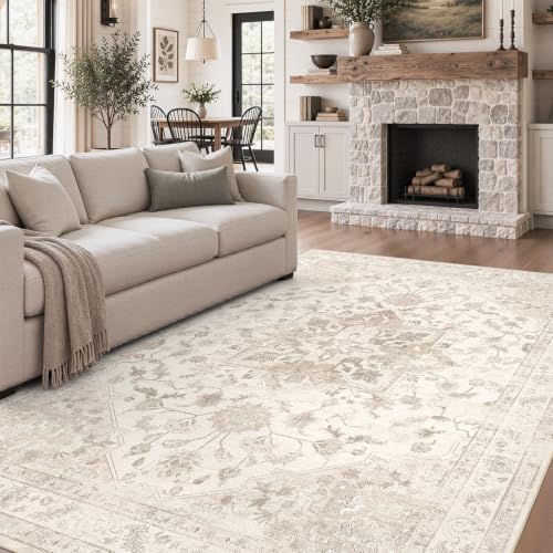 DCX Tapis Lavable 6x9 Salon, Faible Pile Antidérapant, Beige