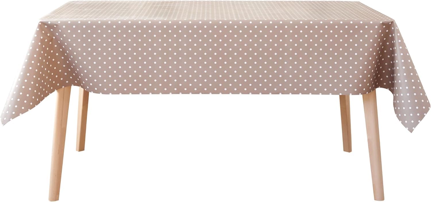 Wipe Clean Tablecloths PVC Vinyl Taupe and White Polka Dots 110cm Diameter