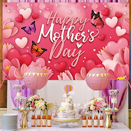 Image of Large Happy Mother's Day Banner Decorations Mothers Day Flag Outdoor 71x44 Inch,Mom Gifts for Indoor Home House Decor Party Supplies,Yard Sign Background for Photography, Red Pink Heart Flowers