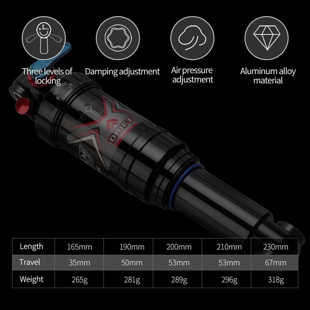 AO-8RC DNM Mtb Hinterrad-Stoßdämpfer für Mountainbike Luft-Hinterrad-Stoßdämpfer mit Lock Out - Einstellbarer Luftdruck - Dämpfungseinstellung (190 x 50 mm (7,48" x 1,97"))